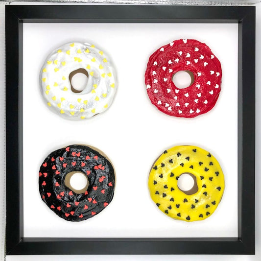 Large donuts in 12x12 shadow box frame - White, Red, Brown, Yellow