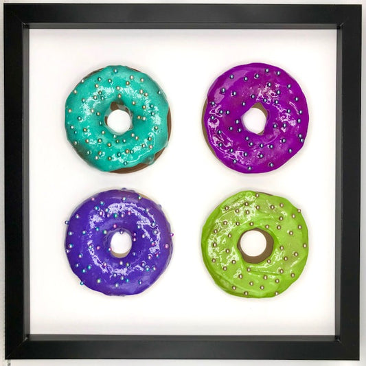 Large donuts in 12x12 shadow box frame - Turquoise, Magenta, Purple, Lime