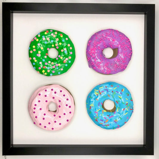 Large donuts in 12x12 shadow box frame - Green, Purple, Pink, Blue