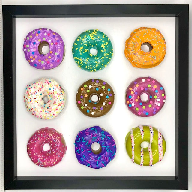 9 mini donuts in 12x12 shadow box frame -Purple, Green, Orange, Vanilla, Chocolate, Magenta, Piink, Dark purple, light green