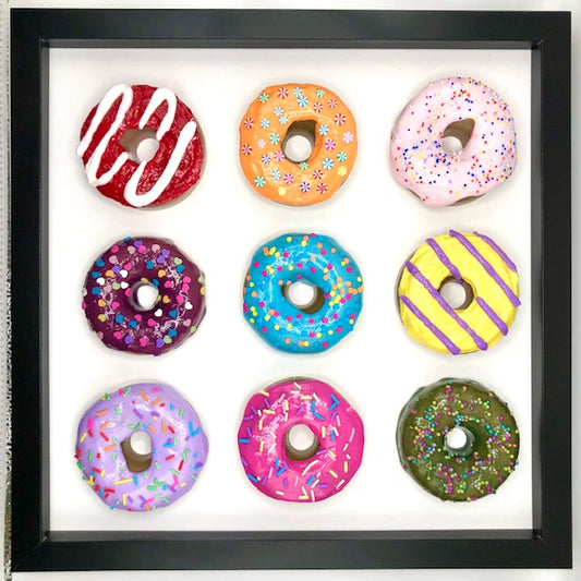 9 mini donuts in 12x12 shadow box frame - Red/white swirl, orange, pink, purple, blue, yellow stripes, lavender, pink, green