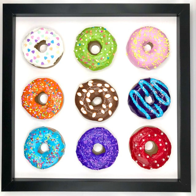 9 mini donuts in 12x12 shadow box frame - White, Green, Pink, Orange, Chocolate, Blue Swirl,Blue, Purple, Red