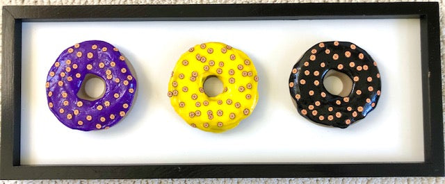 3 Large Basketball Donuts in 19 3/4x 7 3/4 Black Frame - Purple, Yellow, Black