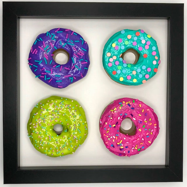 4 small donuts in 8x8 shadow box frame - Purple, Turquoise, Lime, Pink