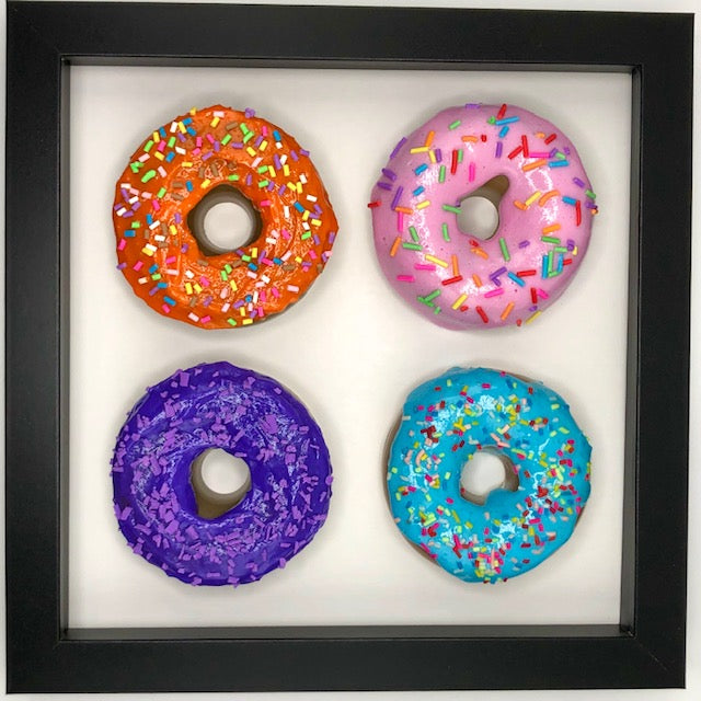 4 small donuts in 8x8 shadow box frame - Orange, Pink, Purple, Blue