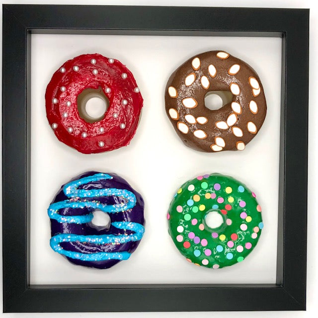 4 small donuts in 8x8 shadow box frame - Red, Chocolate, Blue Swirl, Green Sprinkles