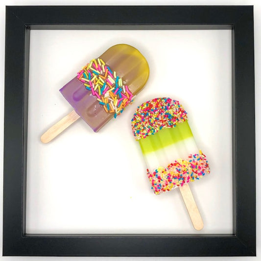 2 Popsicles in 8x8 Shadow Box Frame - Purple/Yellow Sprinkles, Lime/White Sprinkles