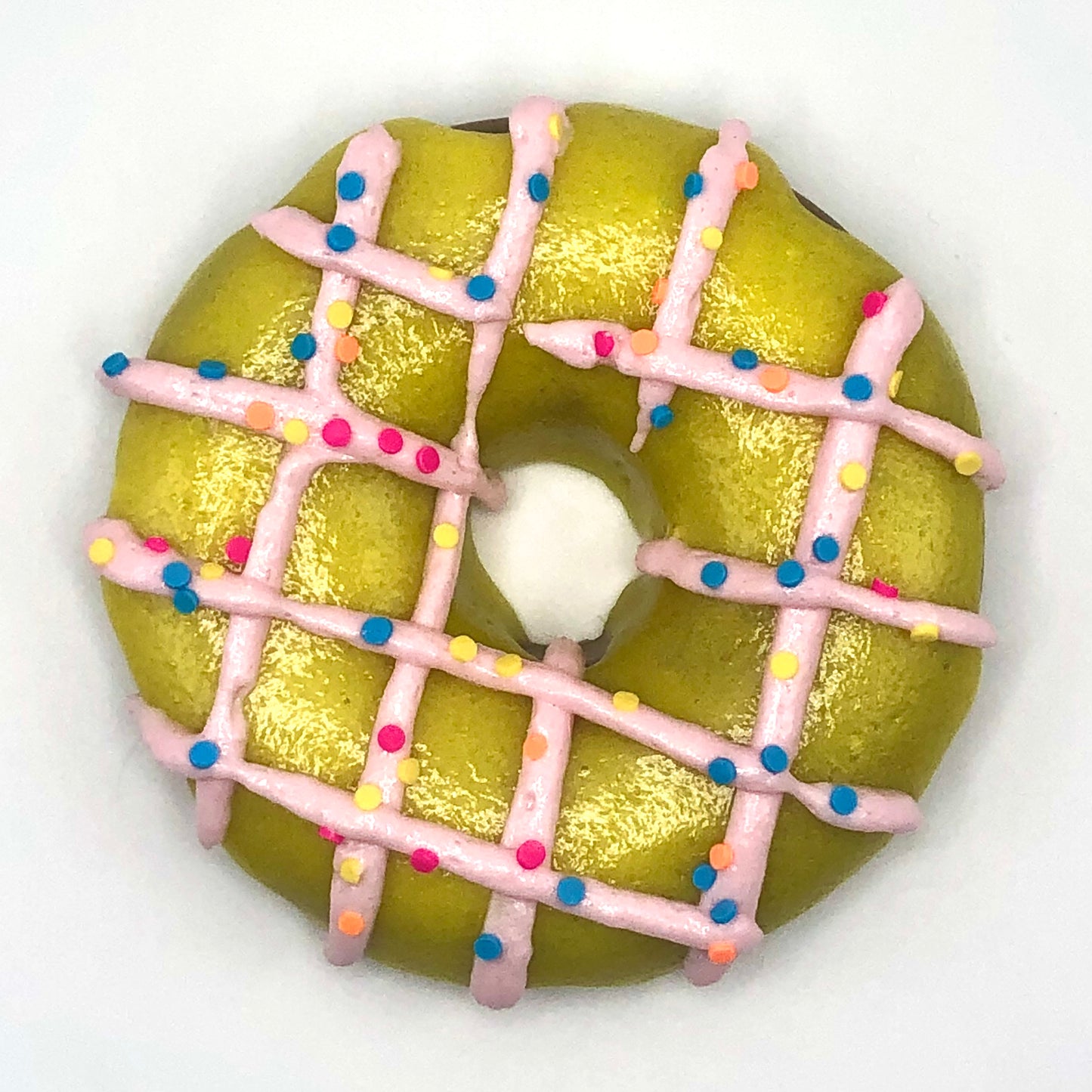 Soft Yellow Frosting LARGE Donut with Pink Drizzle and Rainbow Confetti Sprinkles